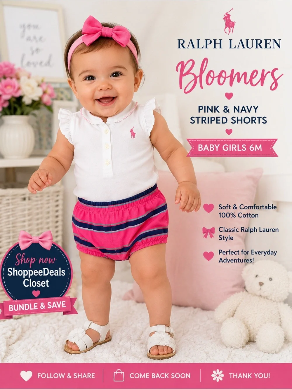 Ralph Lauren Pink & Navy Striped Bloomer Shorts – Baby Girls 6M